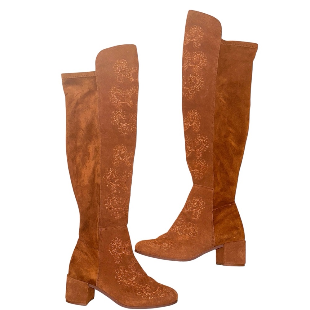 Sbicca Chenoa Suede Leather Over The Knee Boots Size 6.5 Embroidered Rust Brown